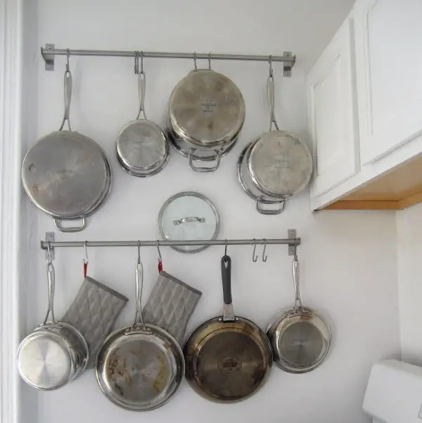cookware hanging from towel rack