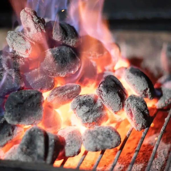 tændte briketter på en kulgrill