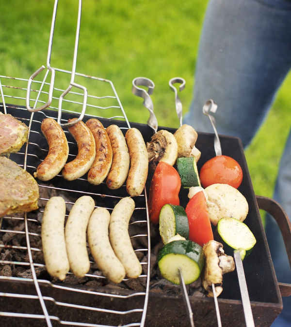 grilling meat and vegetables