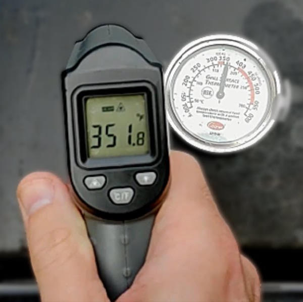  checking griddle temperature with IR gun